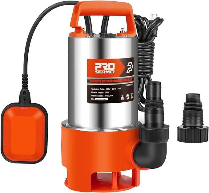 Stainless Steel Sump Pump, Prostormer 1HP 3700GPH Submersible Clean/Dirty Water Pump with Float Switch for Fresh Water, Mains Water, and Pool Water