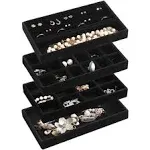 Frebeauty Jewelry Organizer Tray,Stackable Velvet Jewelry Trays,Drawer Inserts Earring Organizer For Women Girls Jewelry Storage Display Case for Rings Stud Necklaces,Set of 4(Black)