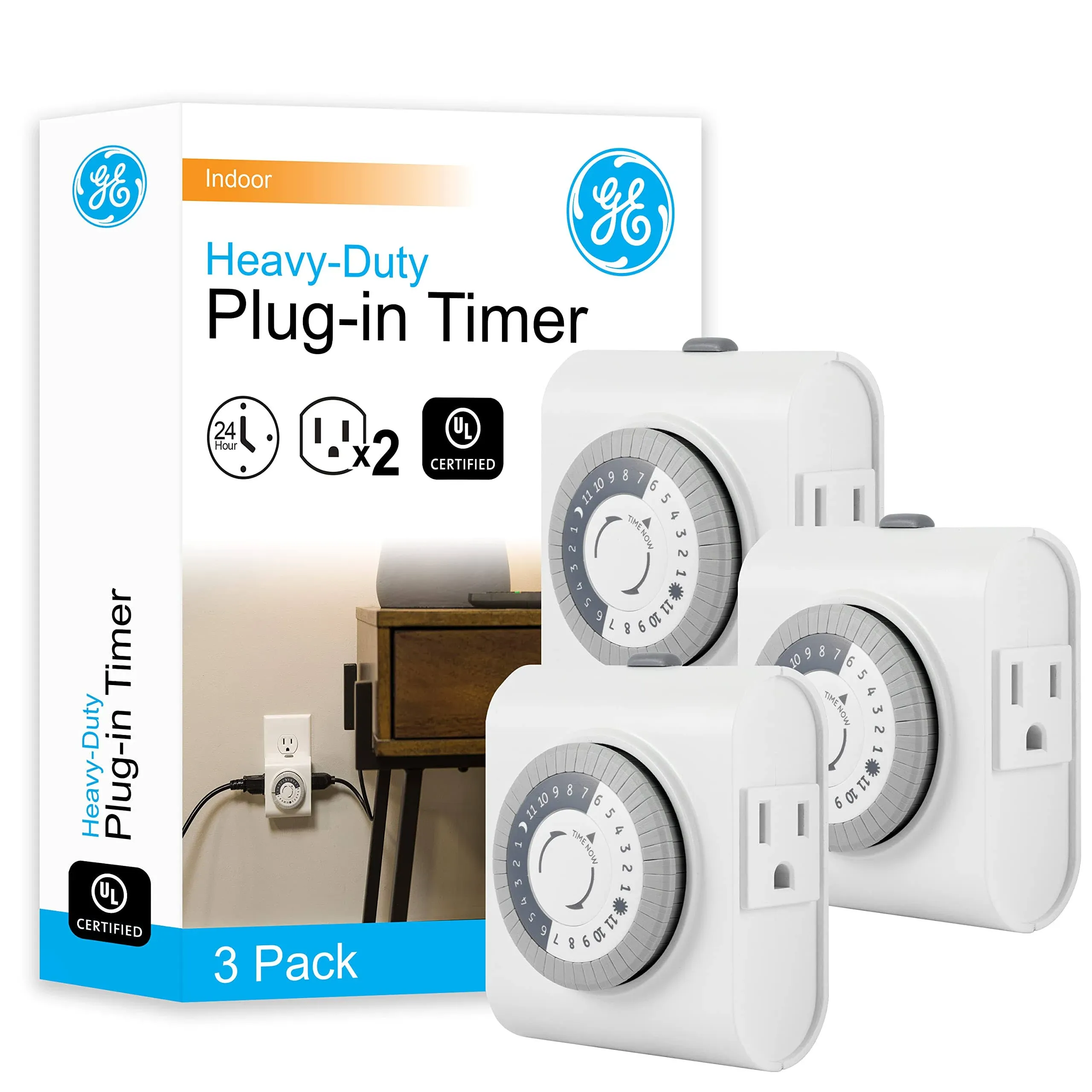 GE 3 Pack, 44801 24-Hour Indoor Basic Timer, 1 Polarized Outlet, Plug-In, Daily On/Off Cycle, 30 Minute Interval, for Lamps, Seasonal Appliances, and