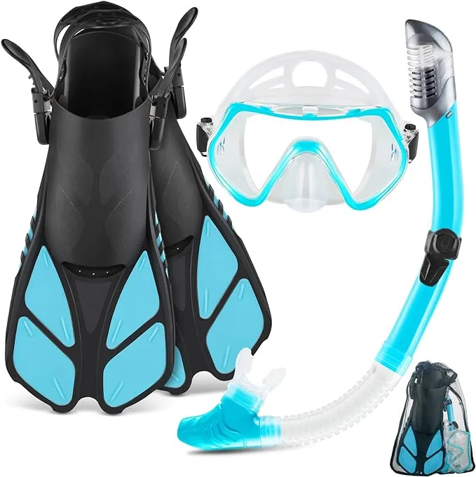 ZEEPORTE Mask Fin Snorkel Set, Travel Size Snorkeling Gear for Adults with Panoramic View Anti-Fog Mask, Trek Fins, Dry Top Snorkel and Gear Bag for Swimming Training, Snorkeling Kit Diving Packages