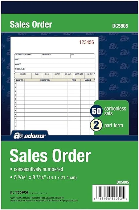 Adams Sales Order Book, 2-Part, Carbonless, White/Canary, 5-9/16 x 8-7/16 inches, 50 Sets per Book (DC5805) (12 Pack)