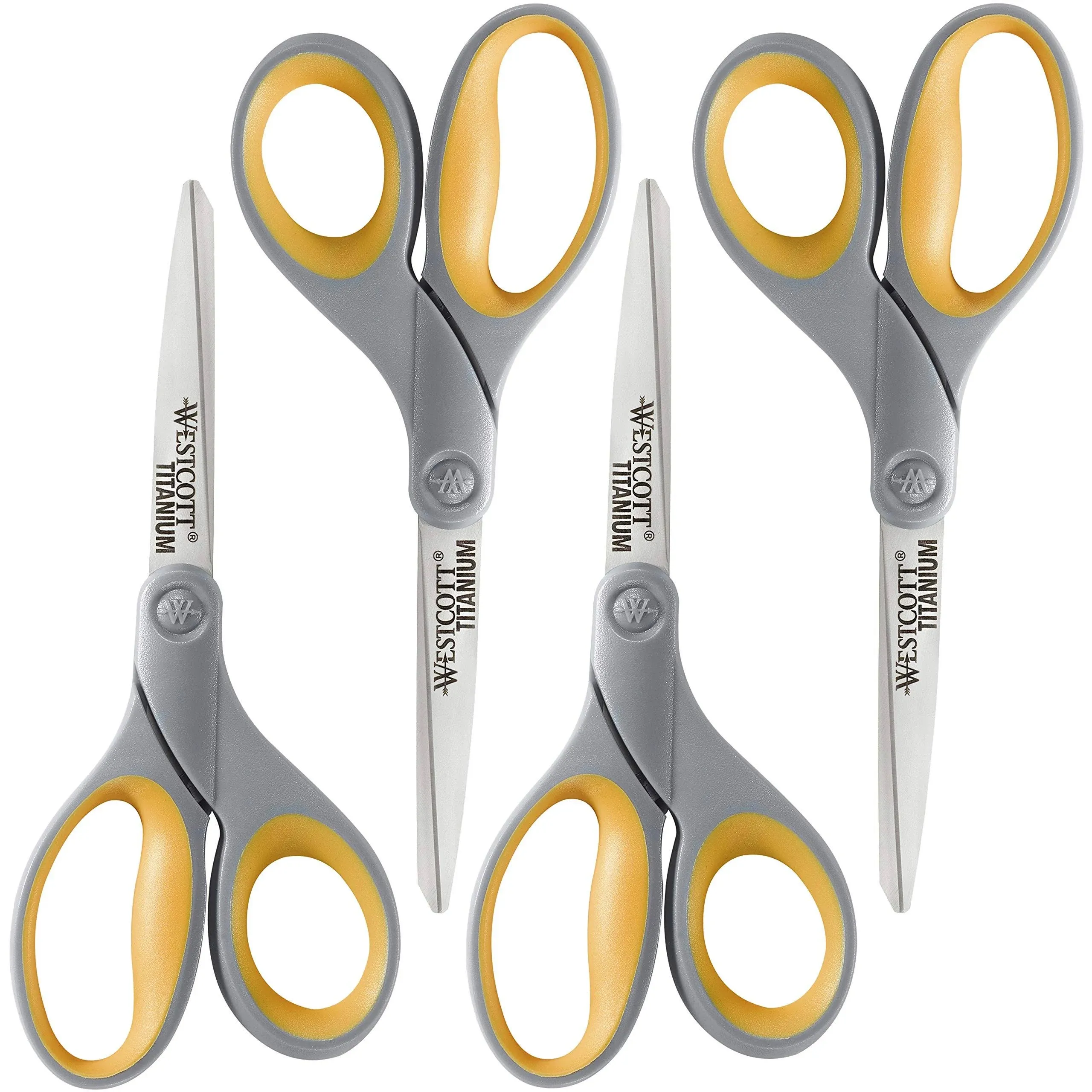 Westcott 8" Soft Handle Titanium Bonded Scissors for Office & Home, Gray/Yellow, 4 Pack (17598)