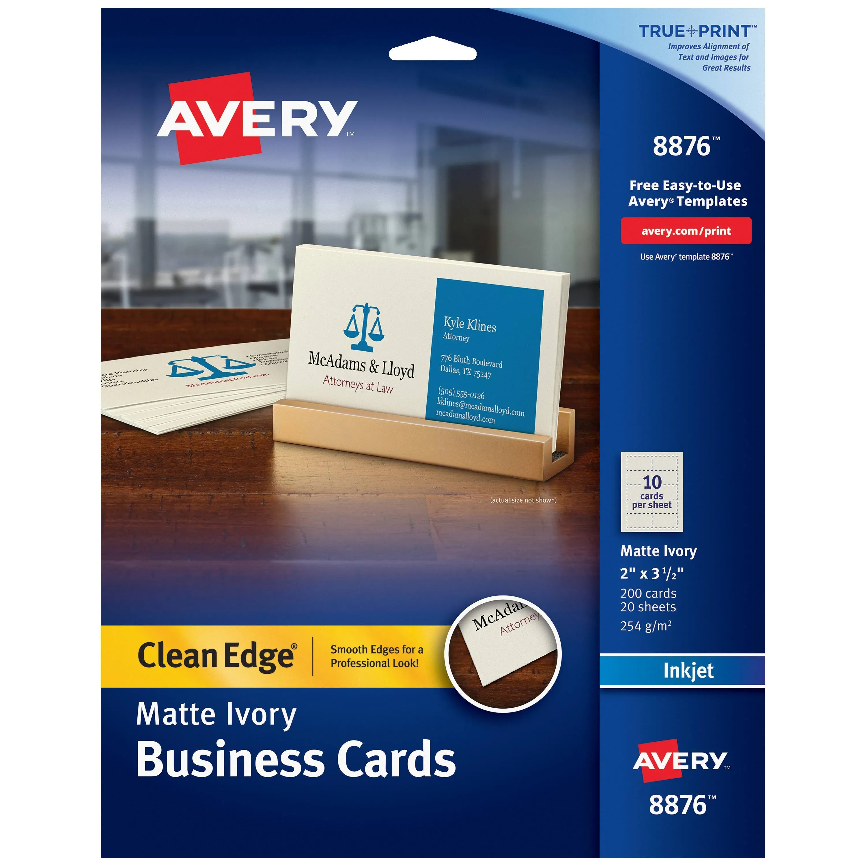 Avery True Print Clean Edge Business Cards Inkjet 2 x 3 1/2 Ivory 200/Pack