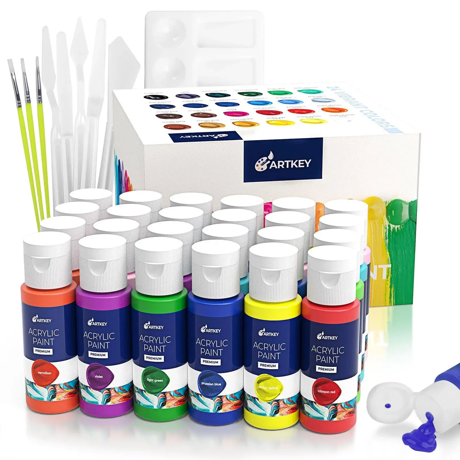 Artkey Acrylic Paint Set - 24 colors 2oz/59ml Acrylic Paints Professional Artists Painting Kit for Canvases Fabric Rock Leather Easter Egg Wood Ceramic Glass Art Craft Painting