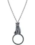 Womens 1928 Pewter Cat Magnifying Glass Pendant Necklace Silver