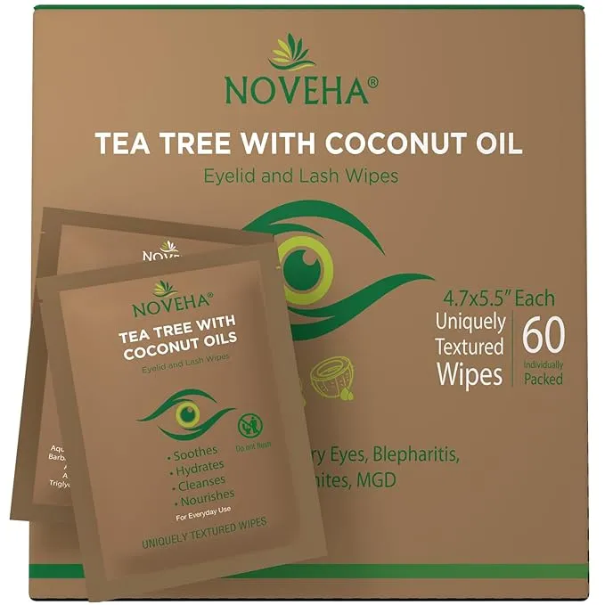 NOVEHA Tea Tree & Coconut Oil Eyelid & Lash Wipes | For Demodex, Blepharitis & Itchy Eyes, Box Of 60 Individually Wrapped Eyelash Wipes With Aloe Vera, Natural Makeup Remover & Daily Eye Cleanser