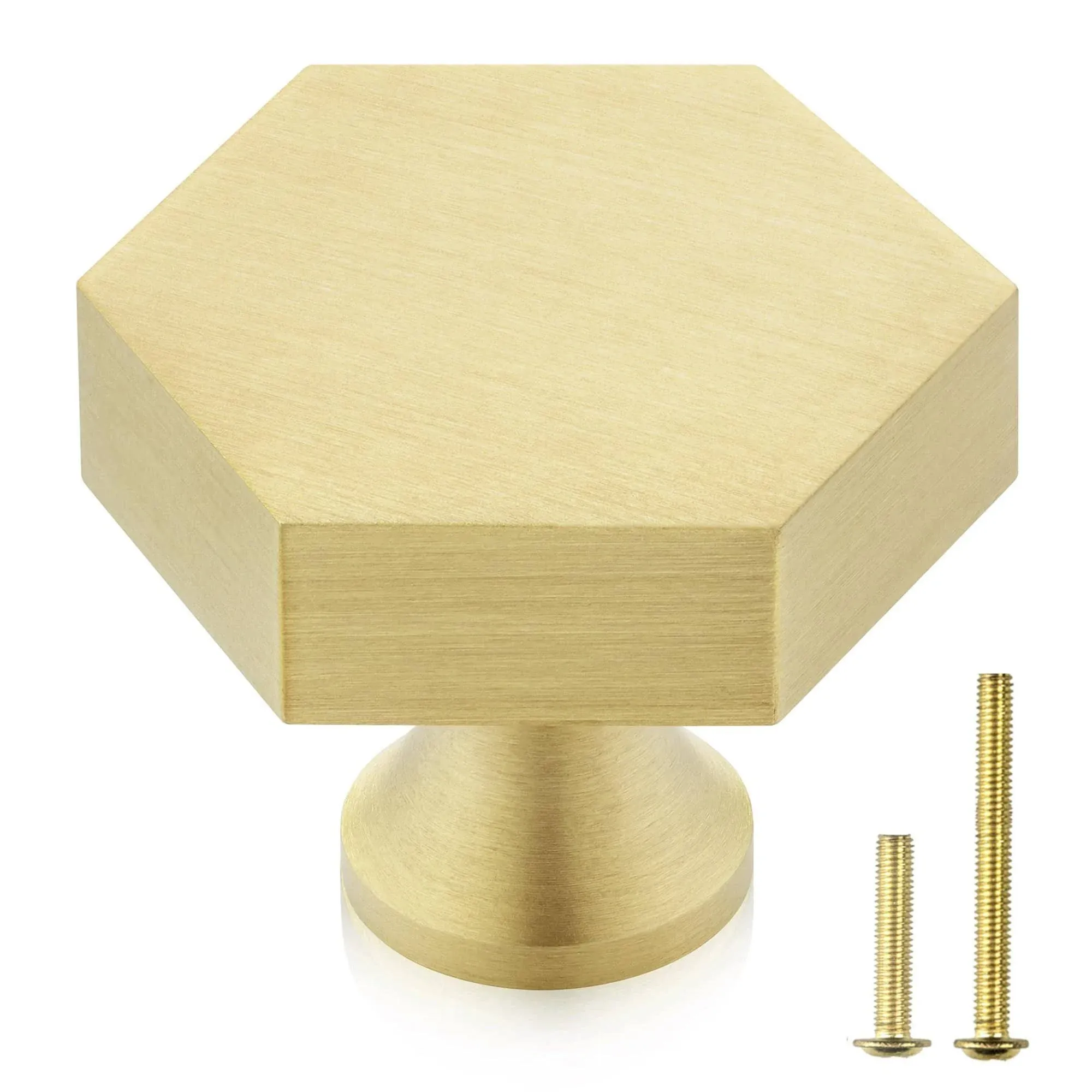 QOGRISUN 10-Pack Solid Brass Cabinet Knobs, Gold Hexagon Knobs for Dresser Drawer, 1.2-Inch Diameter, Modern Kitchen Hardware, Brushed Brass Finish