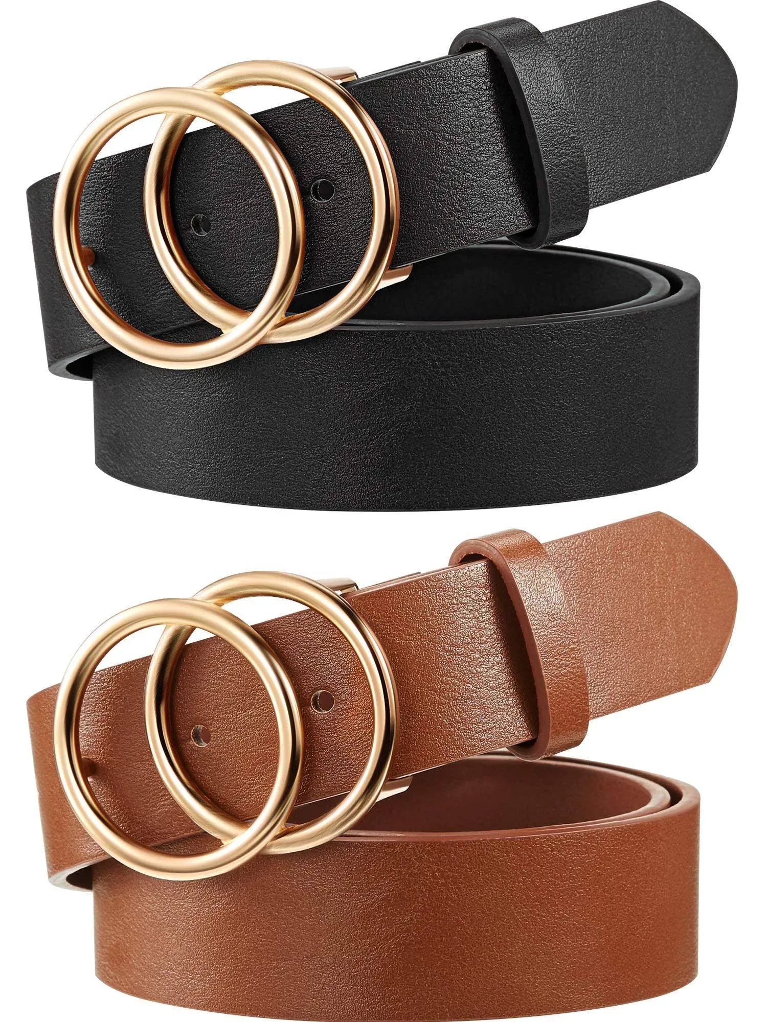 Syhood 2 Pack Women's Leather Belts for Jeans Dresses Fashion Ladies Belt with Gold Double Ring Buckle Brown Black