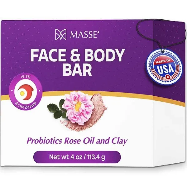 MASSE' Probiotic Rose Oil & Clay Face & Body Bar - Infused Cleansing Body Bar with Coleus, Vitex Berry Extracts - for Men and Women - Ideal for