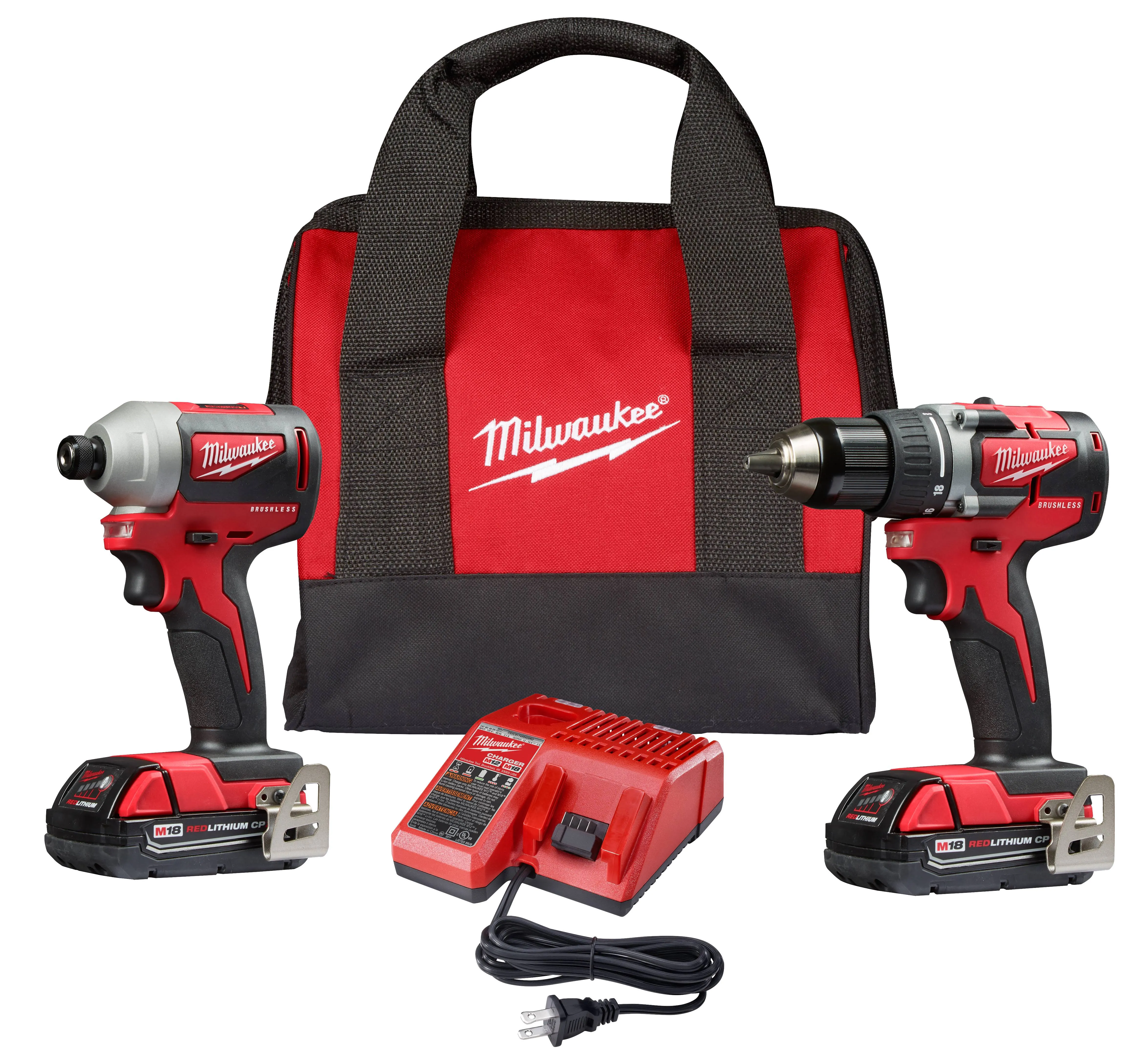 M18 18V Lithium-Ion Brushless Cordless Compact Drill/Impact Combo Kit (2-Tool) W/ (2) 2.0Ah Batteries, Charger & Bag