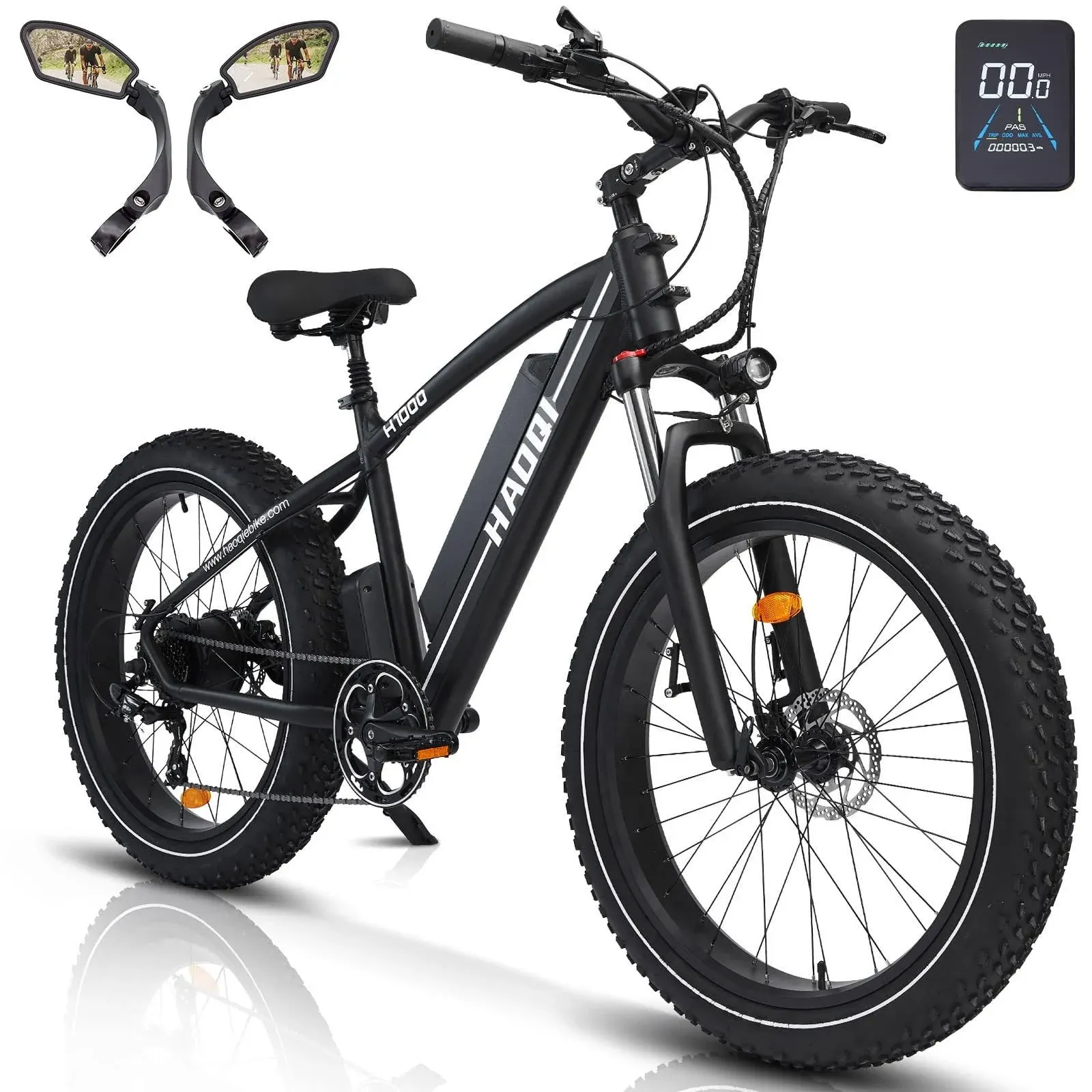 HAOQI Leopard Pro Electric Bike for Adults, Peak 1000W Geared Hub Motor 48V 20AH Removable Battery 26"*4" Fat Tire All-Terrain Ebikes Up to 28MPH & 80Miles Front Suspension 7-Speed UL Certified