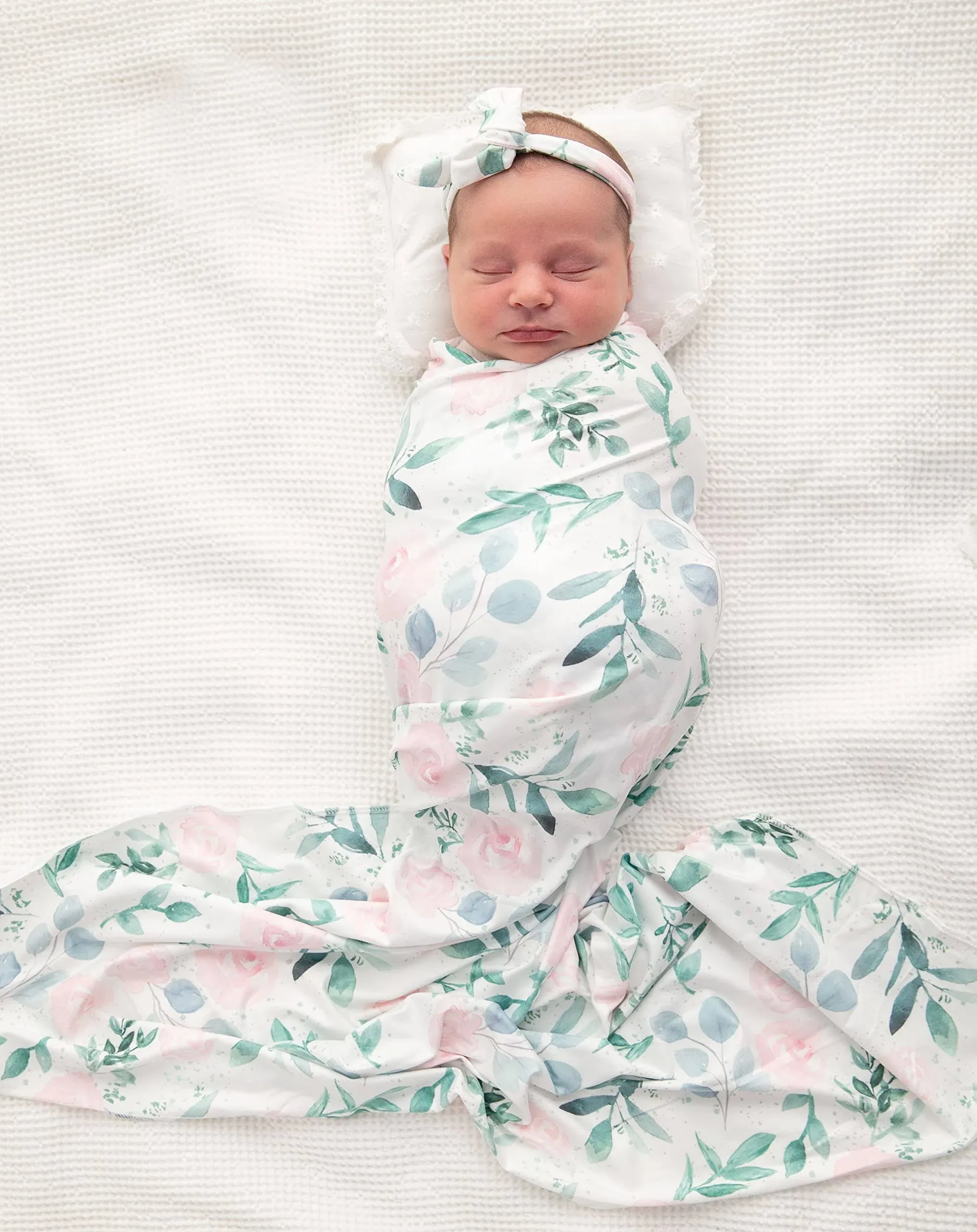 Bellasignoro Baby Girl Swaddle and Headband Set Floral Receiving Blanket Newborn Baby Snug Wrap (Leaf)