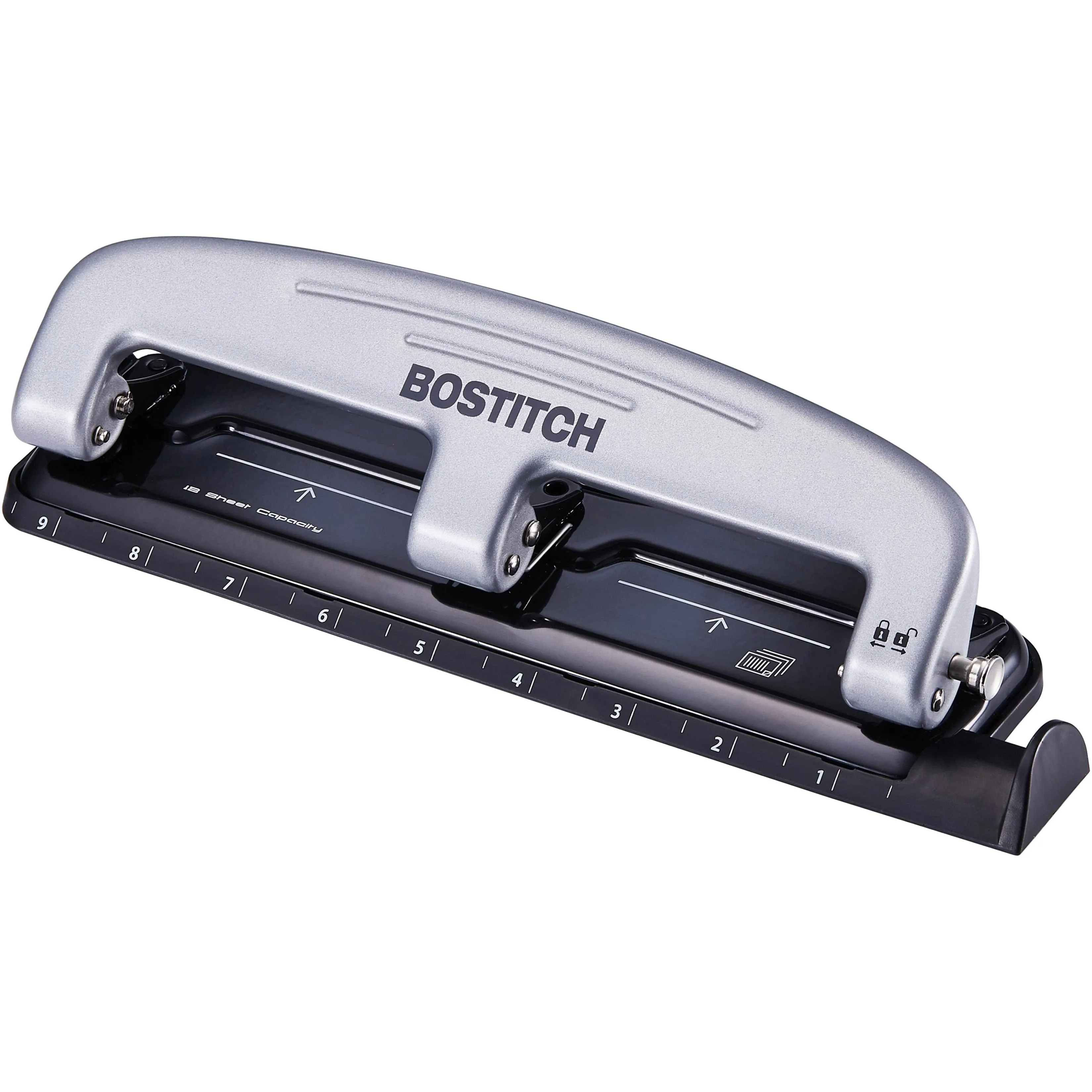 Bostitch EZ Squeeze™ Three-Hole Punch, 12 Sheet Capacity, Silver/Black (2101)