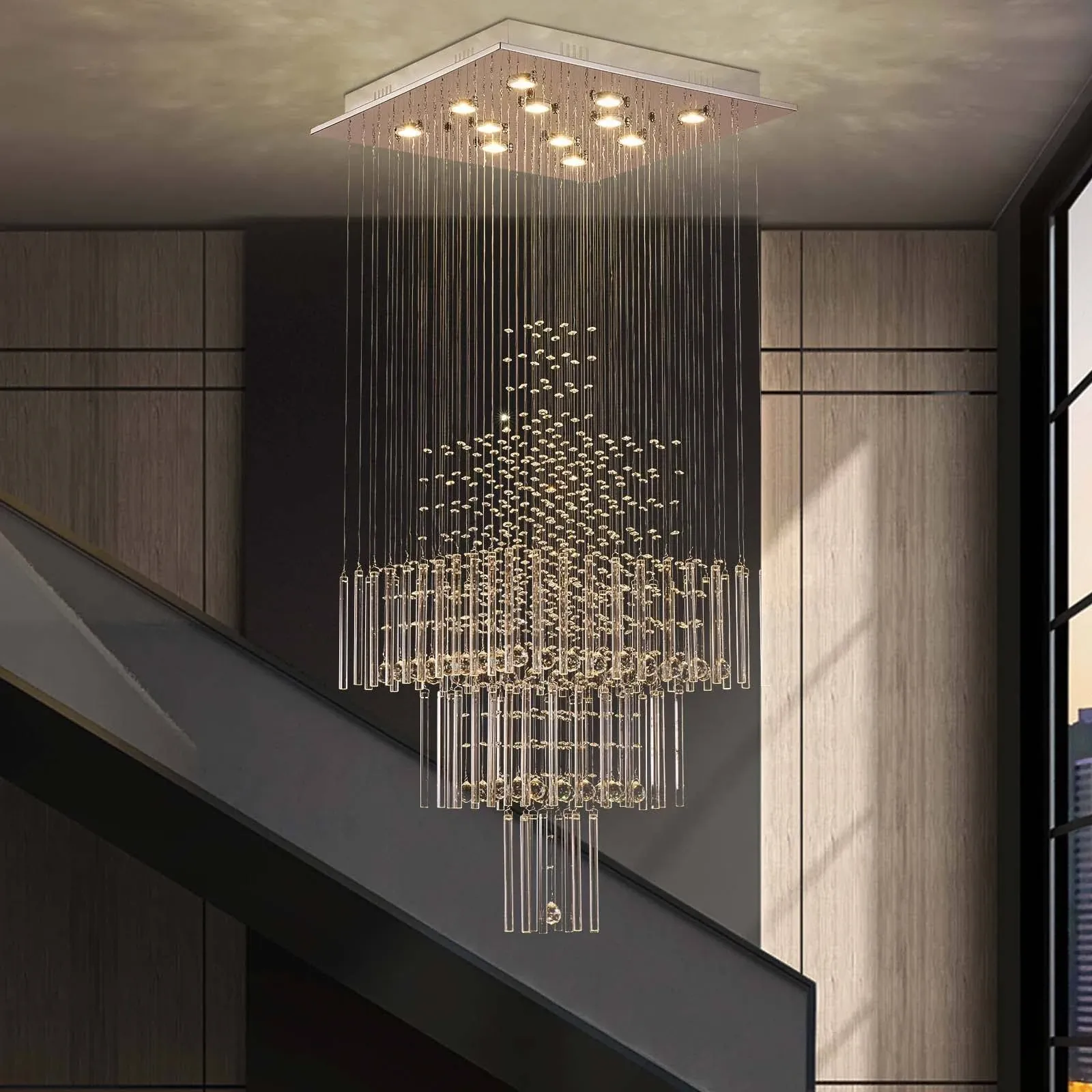 Foyer Chandeliers Entryway High Ceiling, 12-Light Square Raindrop Crystal Chande