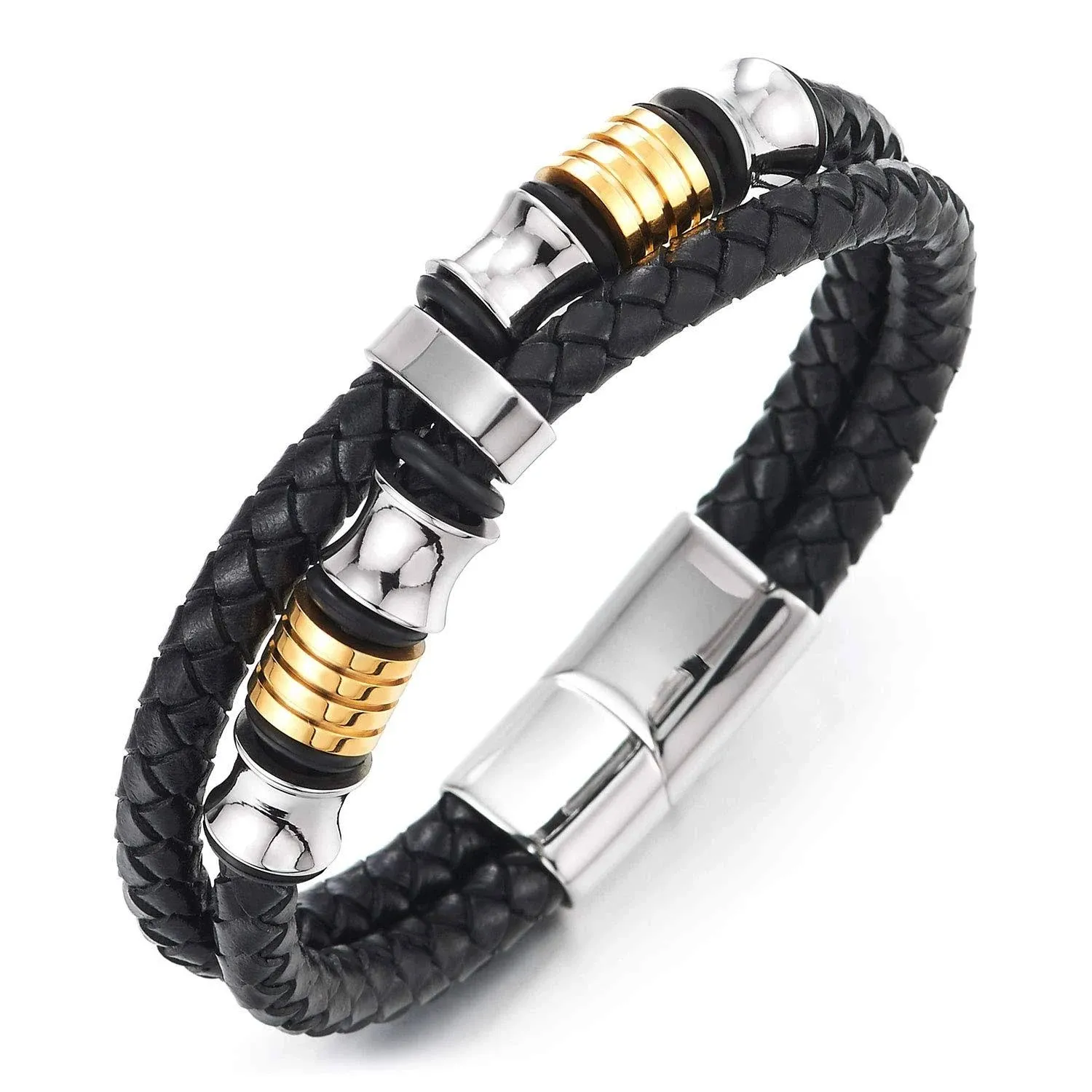 COOLSTEELANDBEYOND Mens Double-Row Braided Leather Bracelet Bangle Wristband with Stainless Steel Ornaments