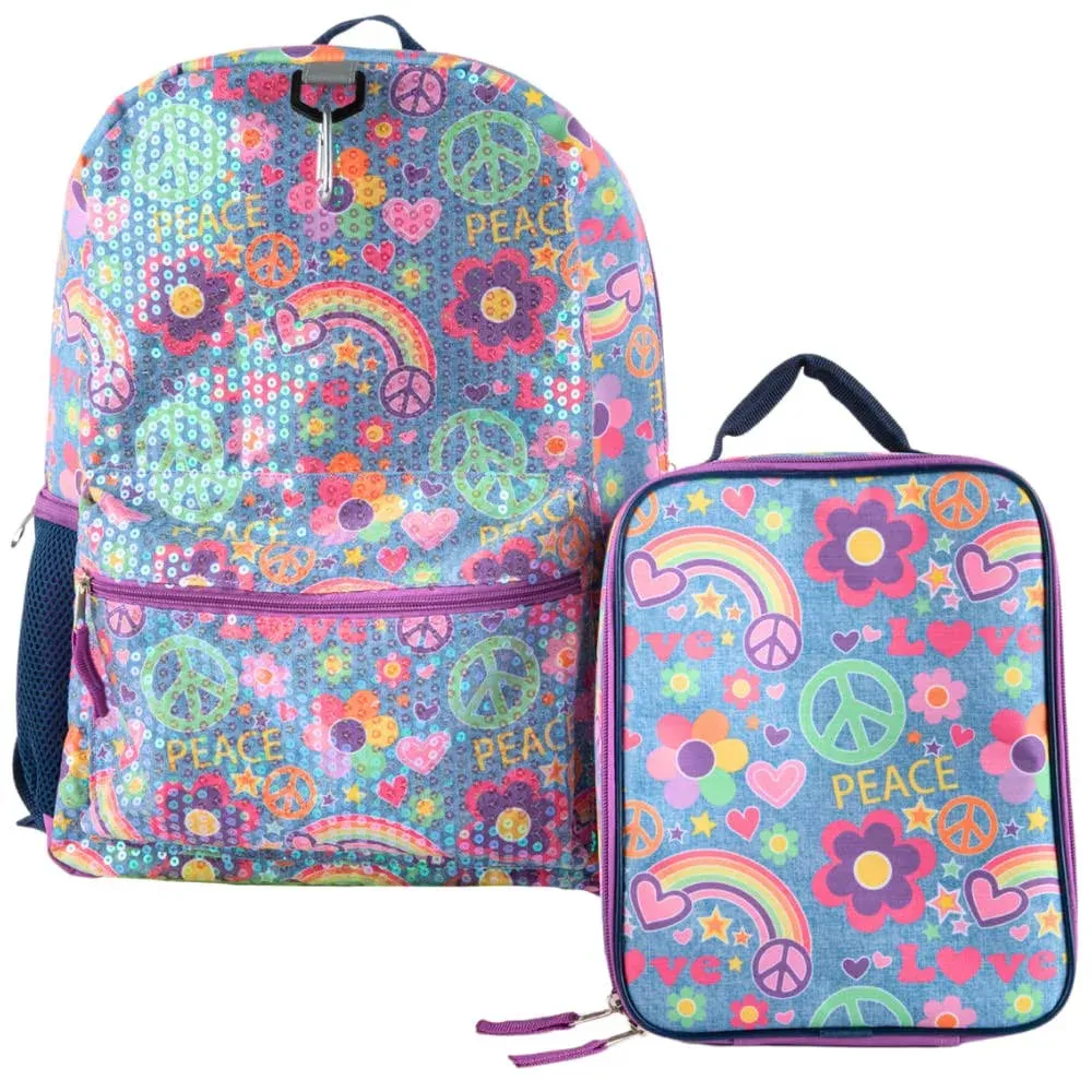 Retro Denim Print Sequin Backpack With Lunch Box Set For Girls 3 Piece Value Bun