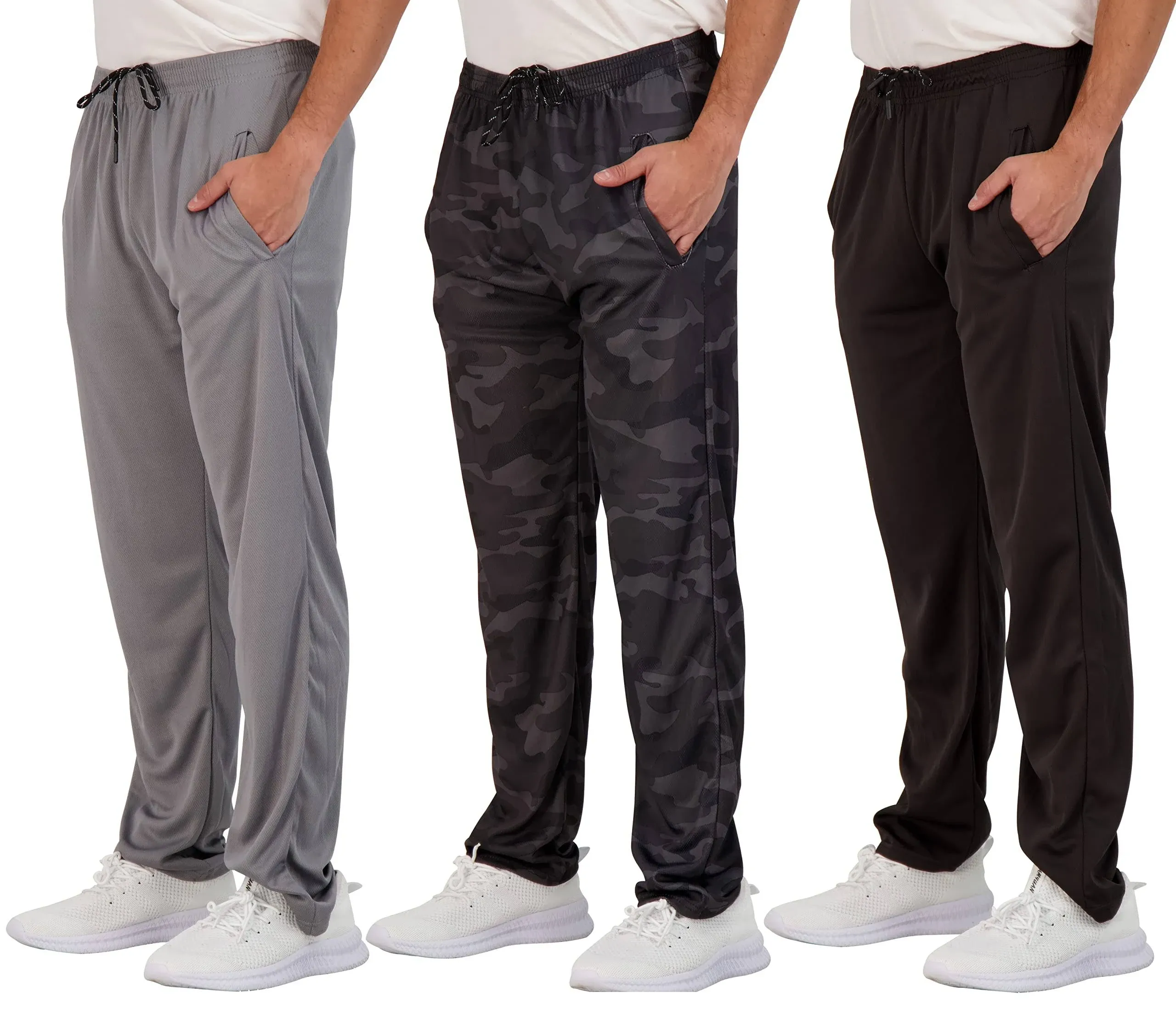 Real Essentials 3 Pack: Men's Mesh Athletic Gym Workout Lounge Open Bottom Sweatpants with Pockets (Available in Big & Tall)