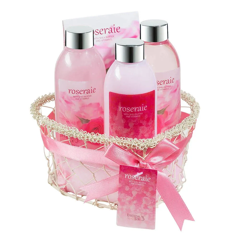 Freida Joe Heart Pink Rose Spa Bath and Body Gift Basket for Women with Shower Gel, Bubble Bath and Body Lotion and Bath Salt Bath Gift Set