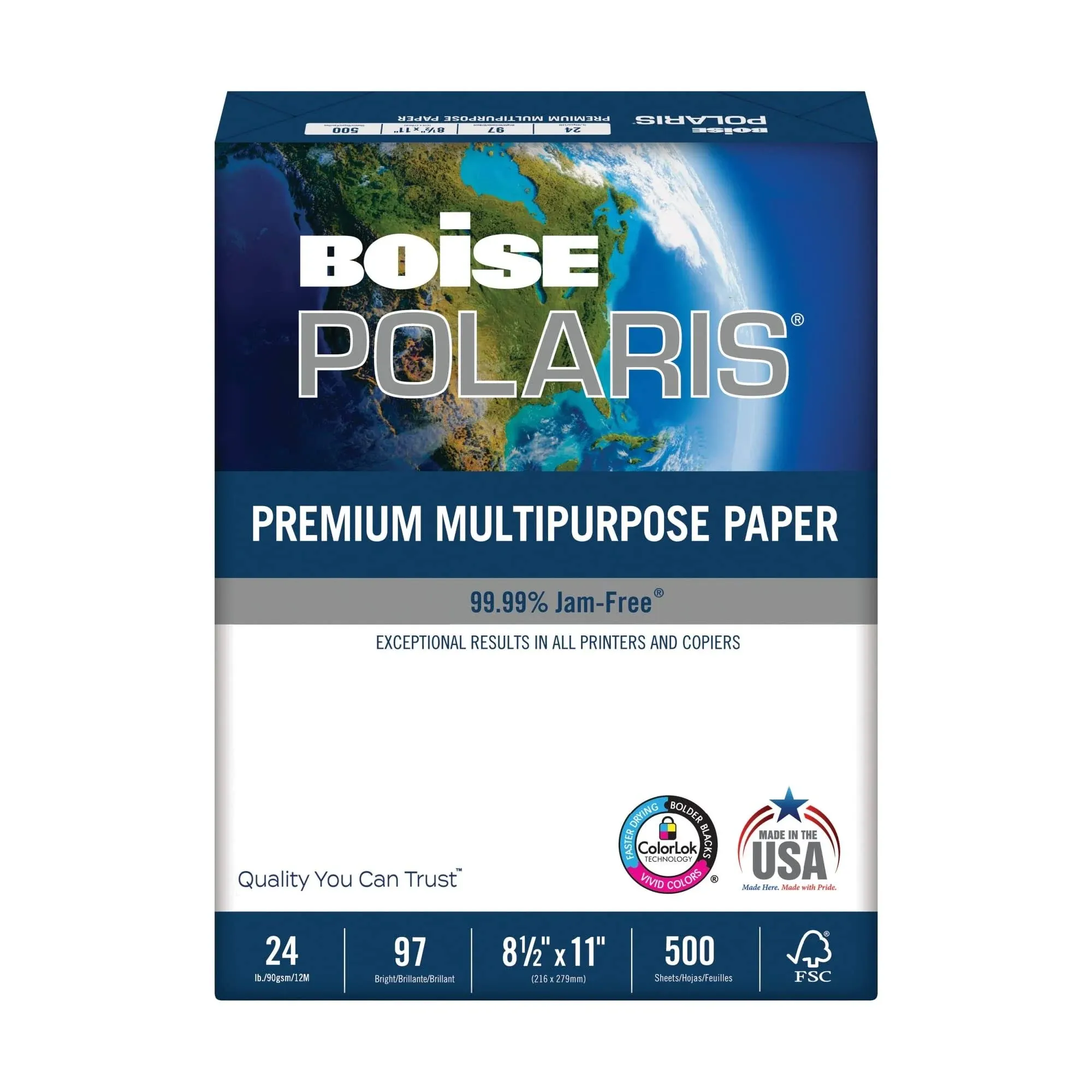 Boise Polaris Premium Multi-Use Paper, Letter Size (8 1/2" x 11"), 24 lb, FSC ...