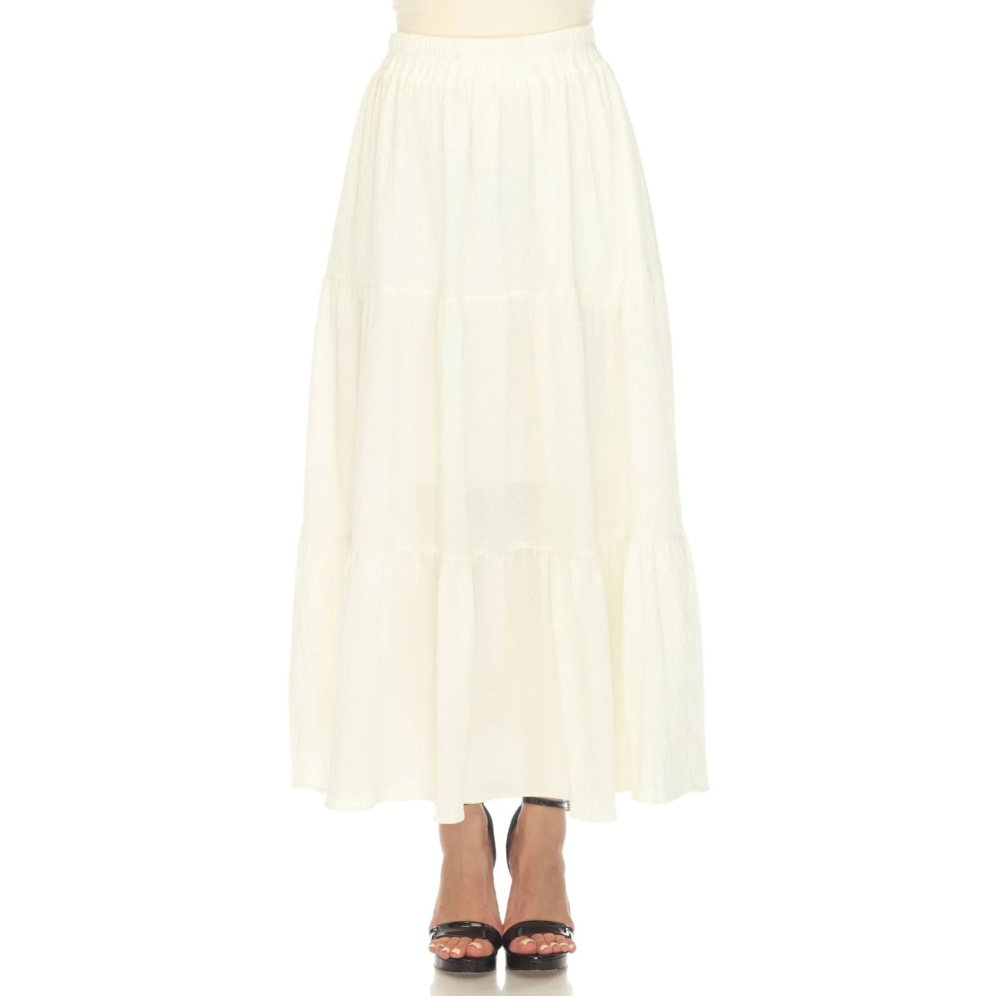 White Mark Womens Pleated Tiered Maxi Skirt With Pockets Elastic Waist