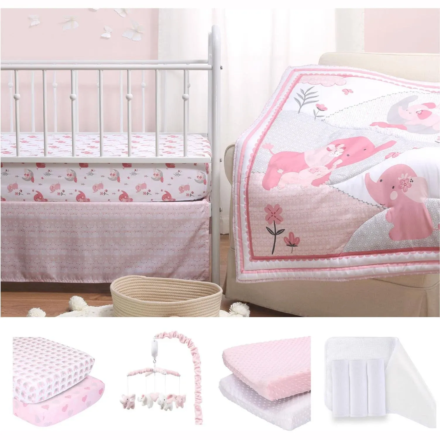 The Peanutshell Pink Elephant 12 Piece Baby Nursery Crib Bedding, Quilt, Sheets ...