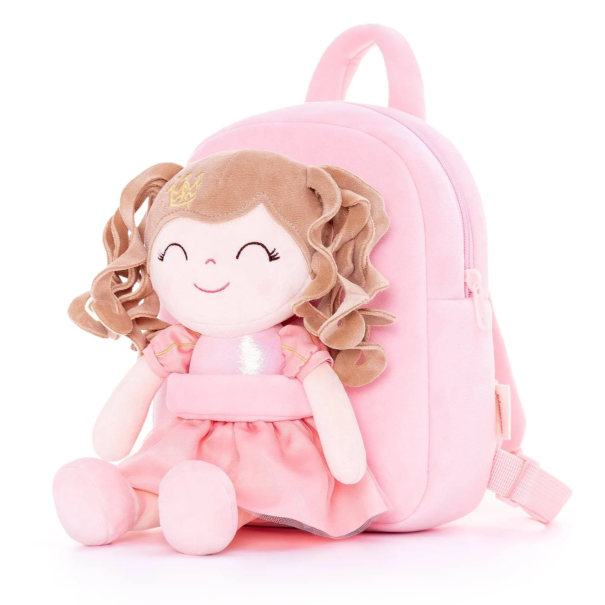 Gloveleya Kids Backpack Toddler Girl Backpacks Kindergarten Soft Plush Curly Hair Princess Doll Pink Crown 9 Inches