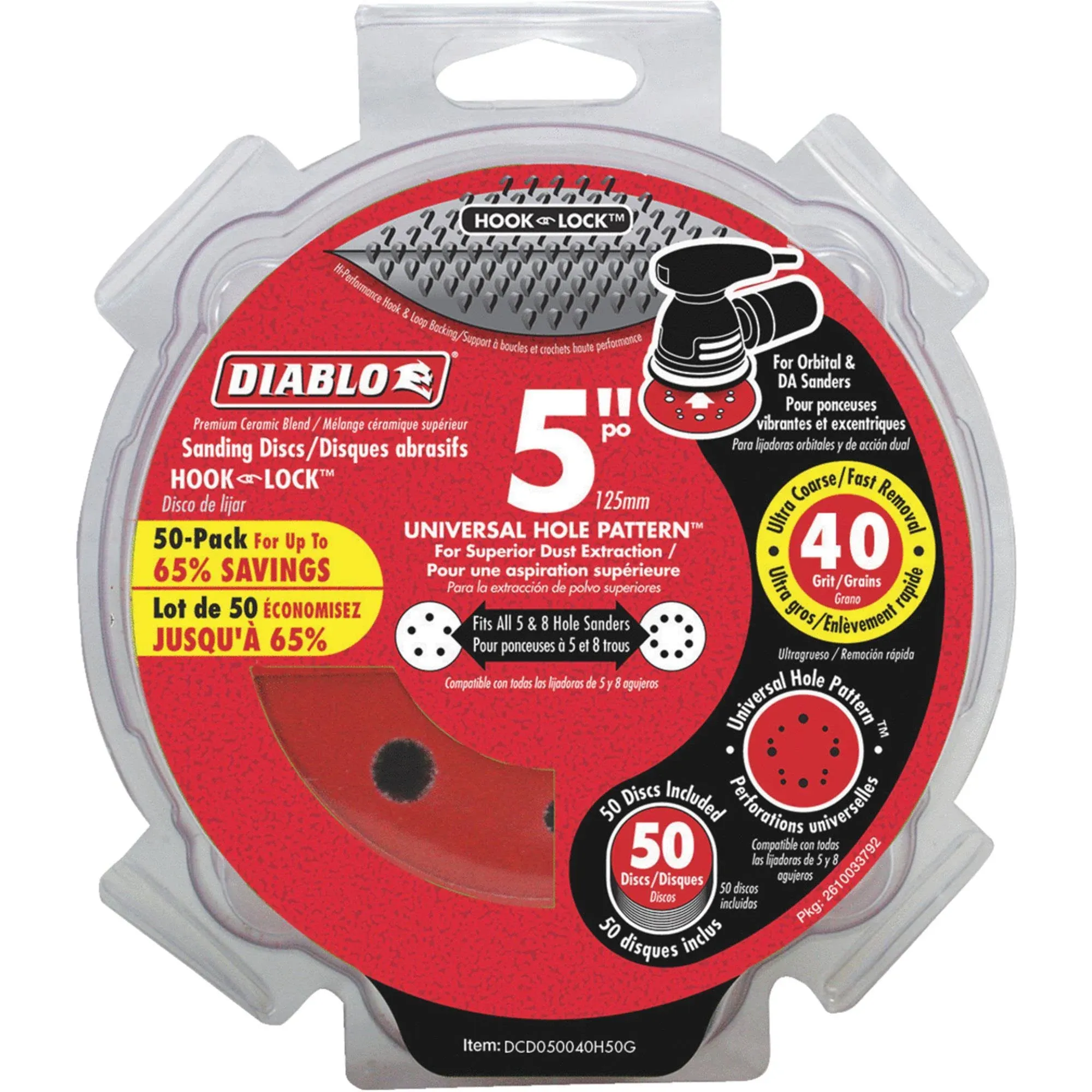 Diablo DCD050040H50G, 5" Sanding Disc Hook and Lock 40-Grit (50/pkg)