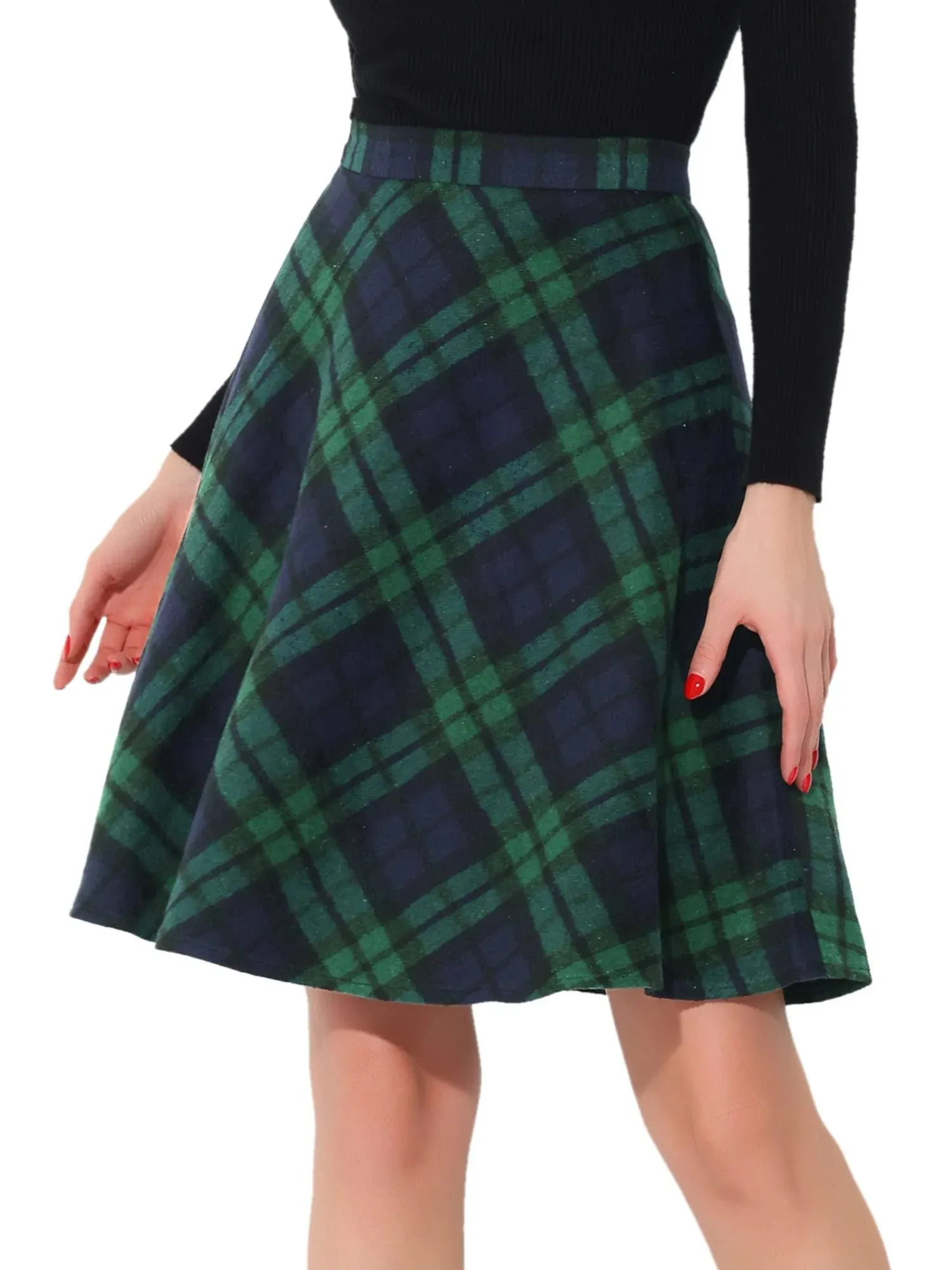 Allegra K Women's Christmas Plaids Vintage Tartan Elastic Waist Knee Length A-Line Skirt