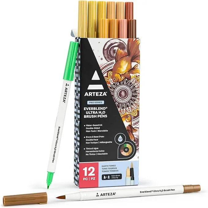 ARTEZA Dual Tip Brush Pens, 12 Earth Tones, Watercolor Calligraphy Markers, Nylon Brush and Fine Tip, Water-Based Ink, for Illustration, Lettering