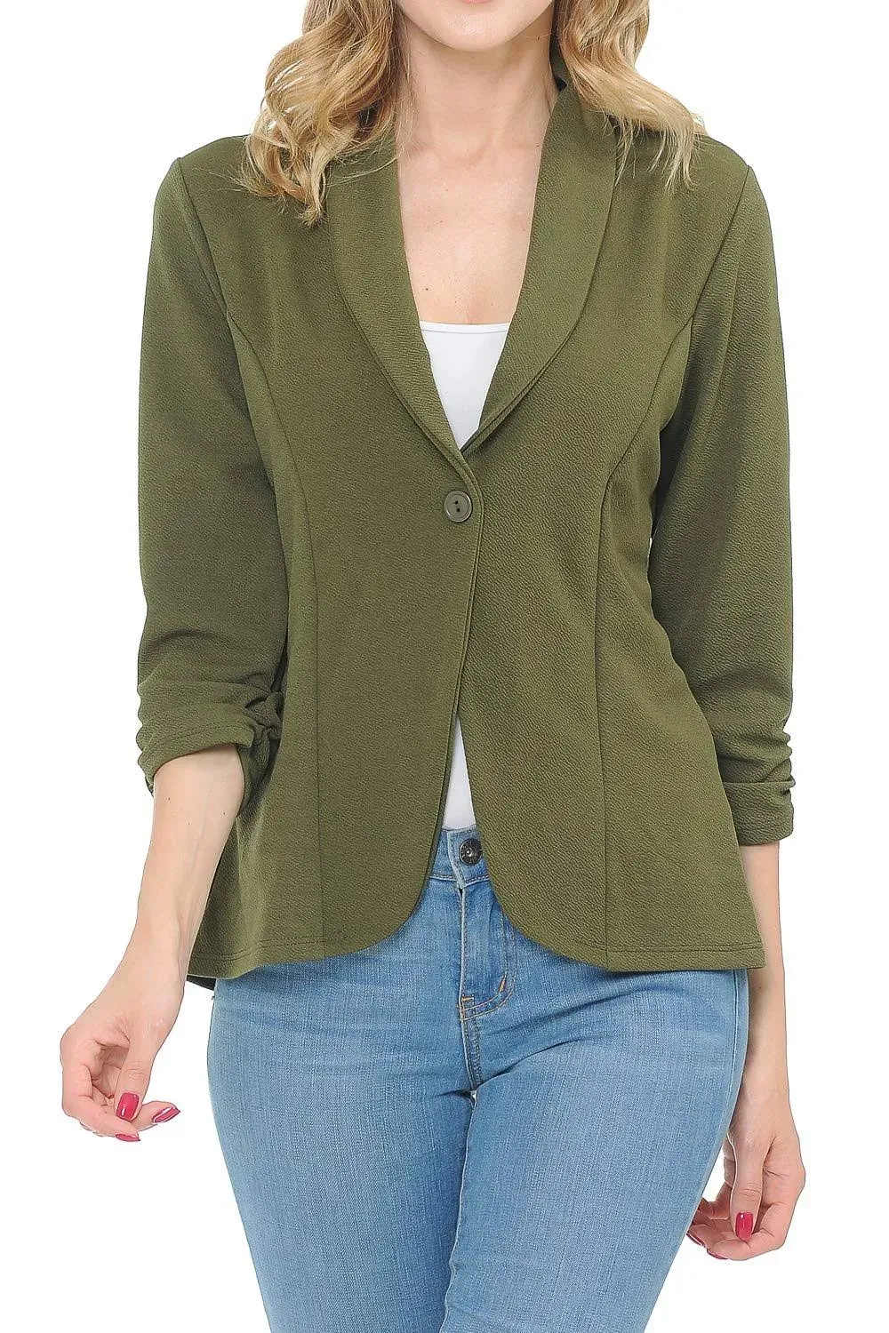 MINEFREE Womens 3/4 Ruched Sleeve Lightweight Work Office Blazer Jacket Olive M ...