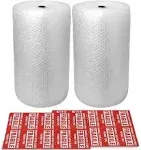 2-Pack Bubble Cushioning Wrap Rolls, 3/16" Air Bubble, 12 Inch x 72 Feet Total, Perforated Every 12", 20 Fragile Stickers Included Transparent 12"x72'