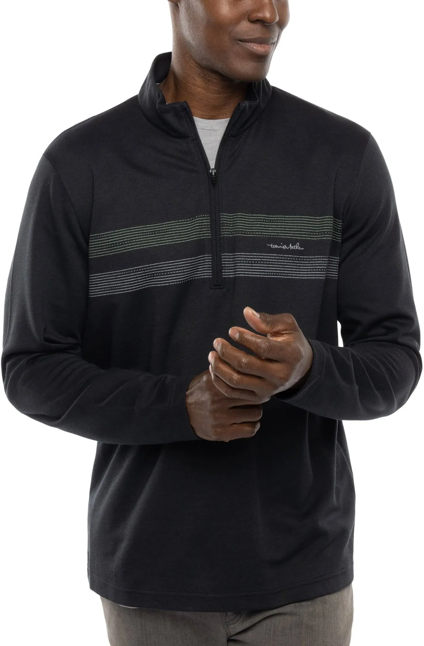 TravisMathew Upgraded Chest Stripe Quarter Zip Men's Golf Pullover - Black, Size ...