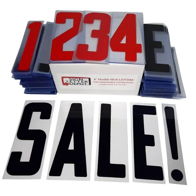 Marquee Letters for Portable Road Signs - 8 Inch Black Letters, Red Numbers on 8 7/8 Inch Flexible 030 mil Panel, Sign Letter Depot - Made in USA