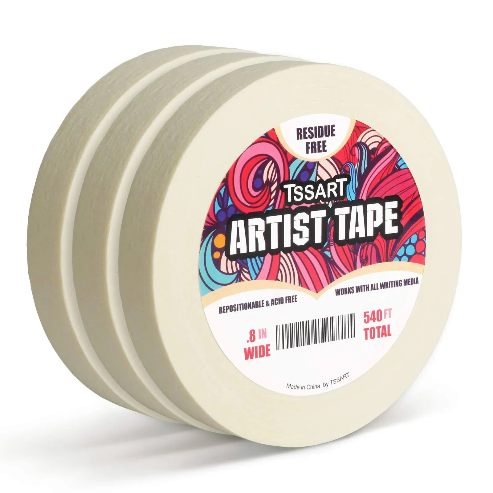 TSSART 3 Pack White Artist Tape - Masking Artists Tape for Drafting Art Watercolor Painting Canvas Framing - Acid Free 0.8inch Wide 540FT Long Total