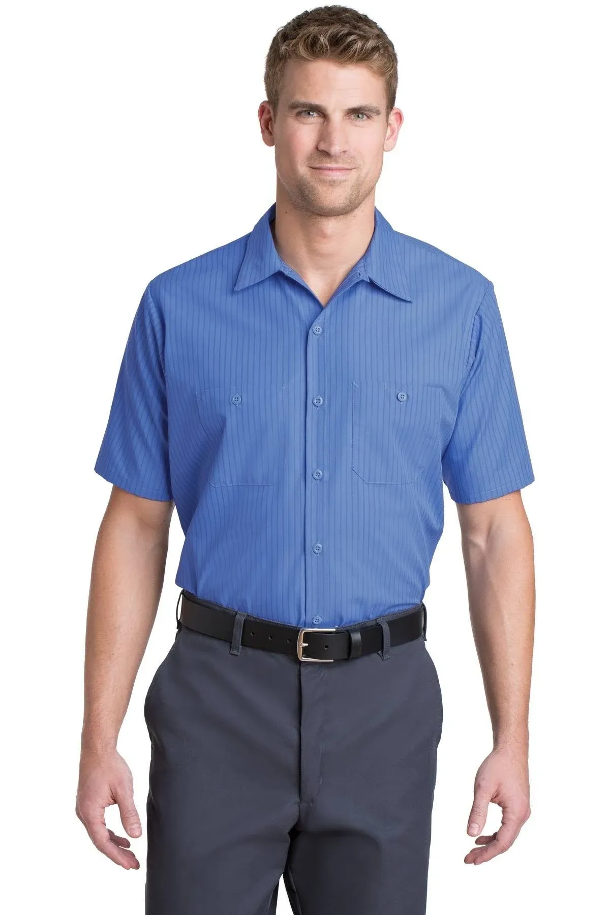 Red Kap Men's Micro-Check Uniform Shirt, Blue/Charcoal, Short Sleeve Large