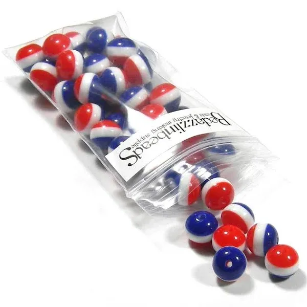 50 Red White and Blue Striped 10mm Round Plastic Acrylic Beads with 2mm Hole