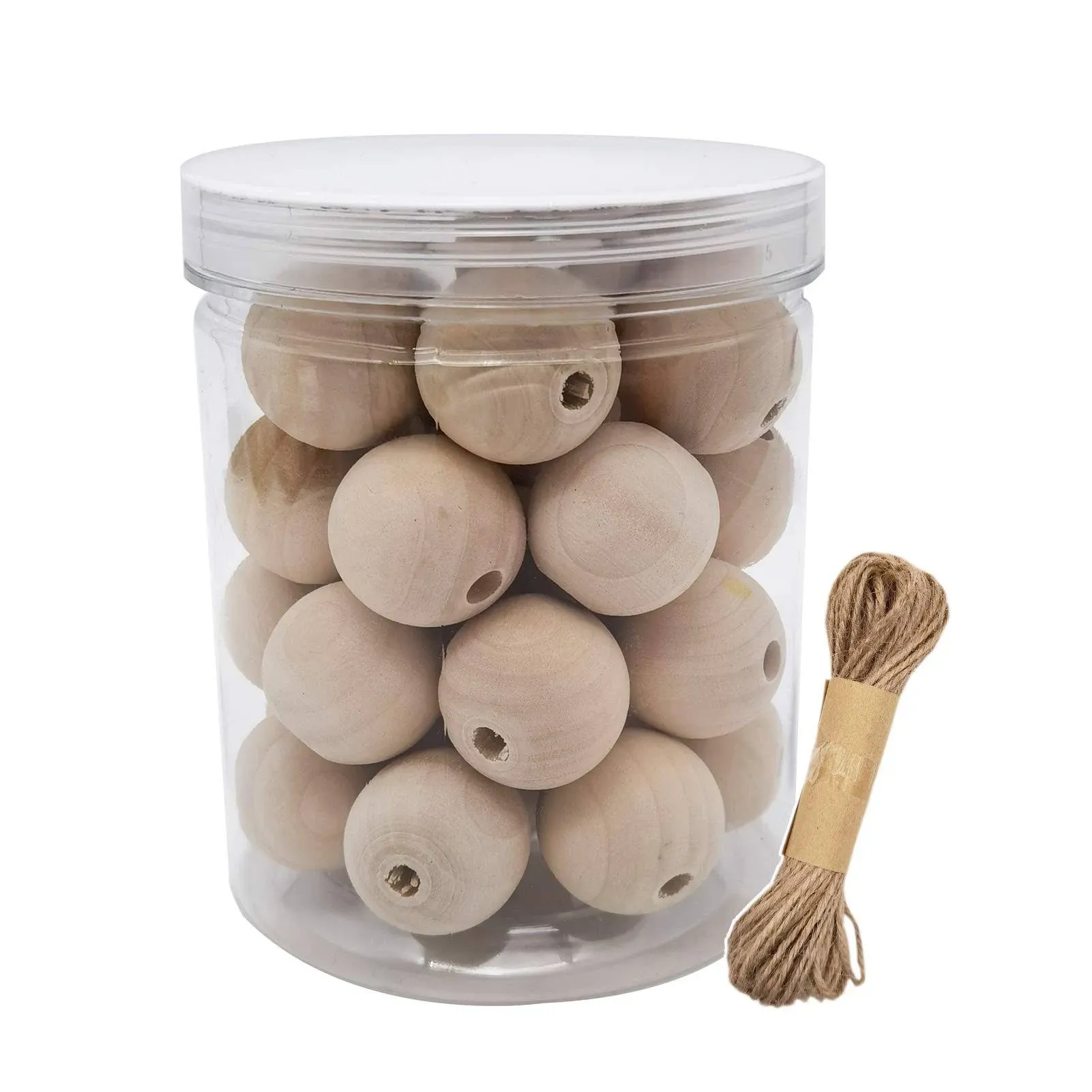 INSPIRELLE 30pcs 30mm Natural Wood Beads Unfinished Round Wooden Loose Beads Big Size Wood Spacer Beads with 10M Jute Twine for Craft Making Home Decoration