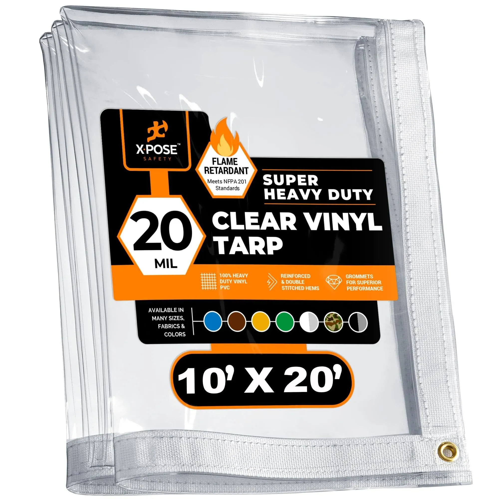 10' x 20' Clear Vinyl Tarp - Fire Retardant 20 Mil Super Heavy Duty Transparent Waterproof PVC Tarpaulin with Brass Grommets - for Patio Enclosure, Temporary Wall, Multipurpose - by Xpose Safety