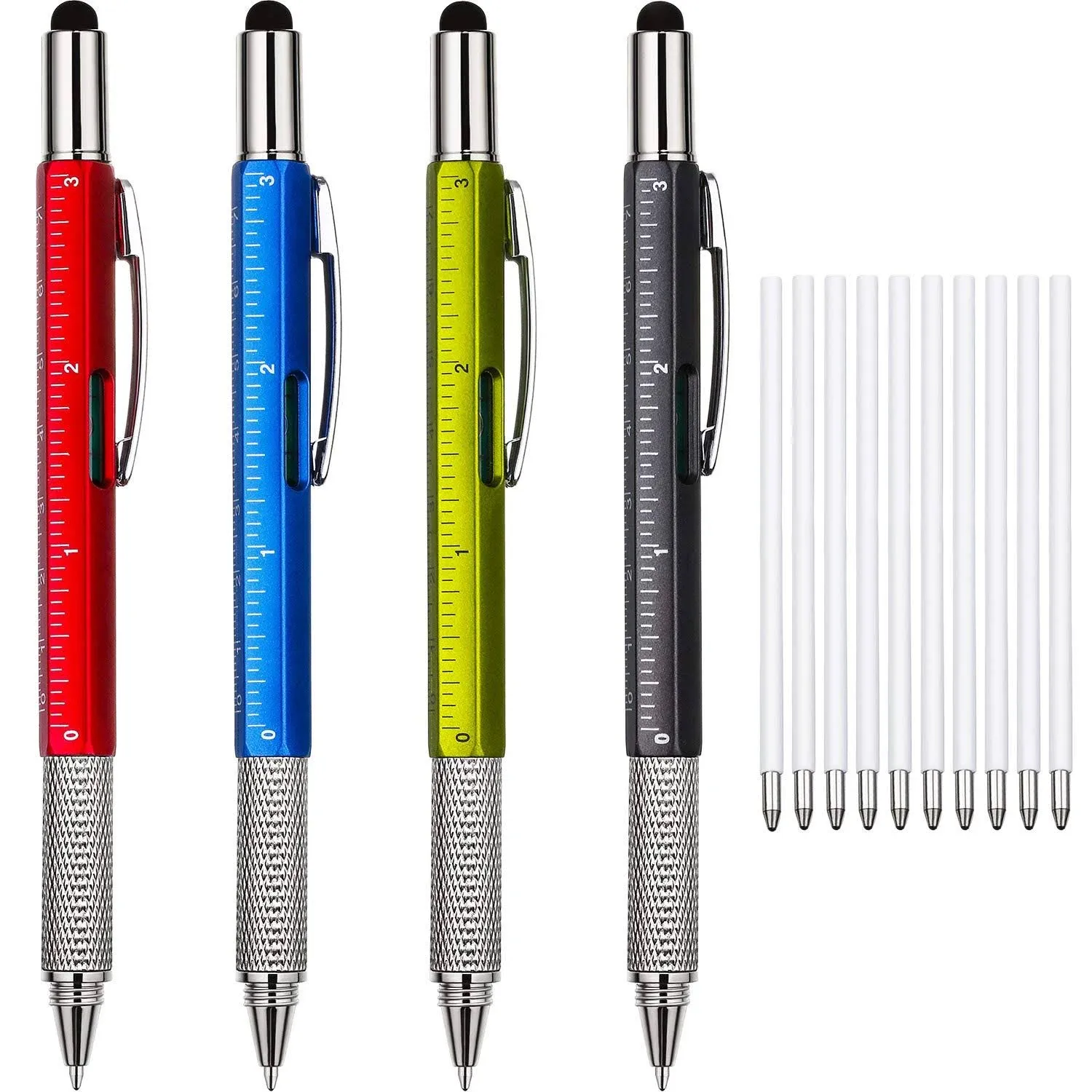 Zhanmai 4 Pieces Gift Pen for Men 6 in 1 Multitool Tech Tool Pen Screwdriver Pen with Ruler, Levelgauge, Ballpoint Pen and Pen Refills, Unique Gifts for Men (Red, Green, Blue, Gray)