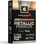 6 Chrome, Gold, &amp; Bronze Mirror Paint Pens, Double Pack of Both Extra Fine &amp; Medium Tip Paint Markers for Cards, Posters, Rock Painting, Mugs,