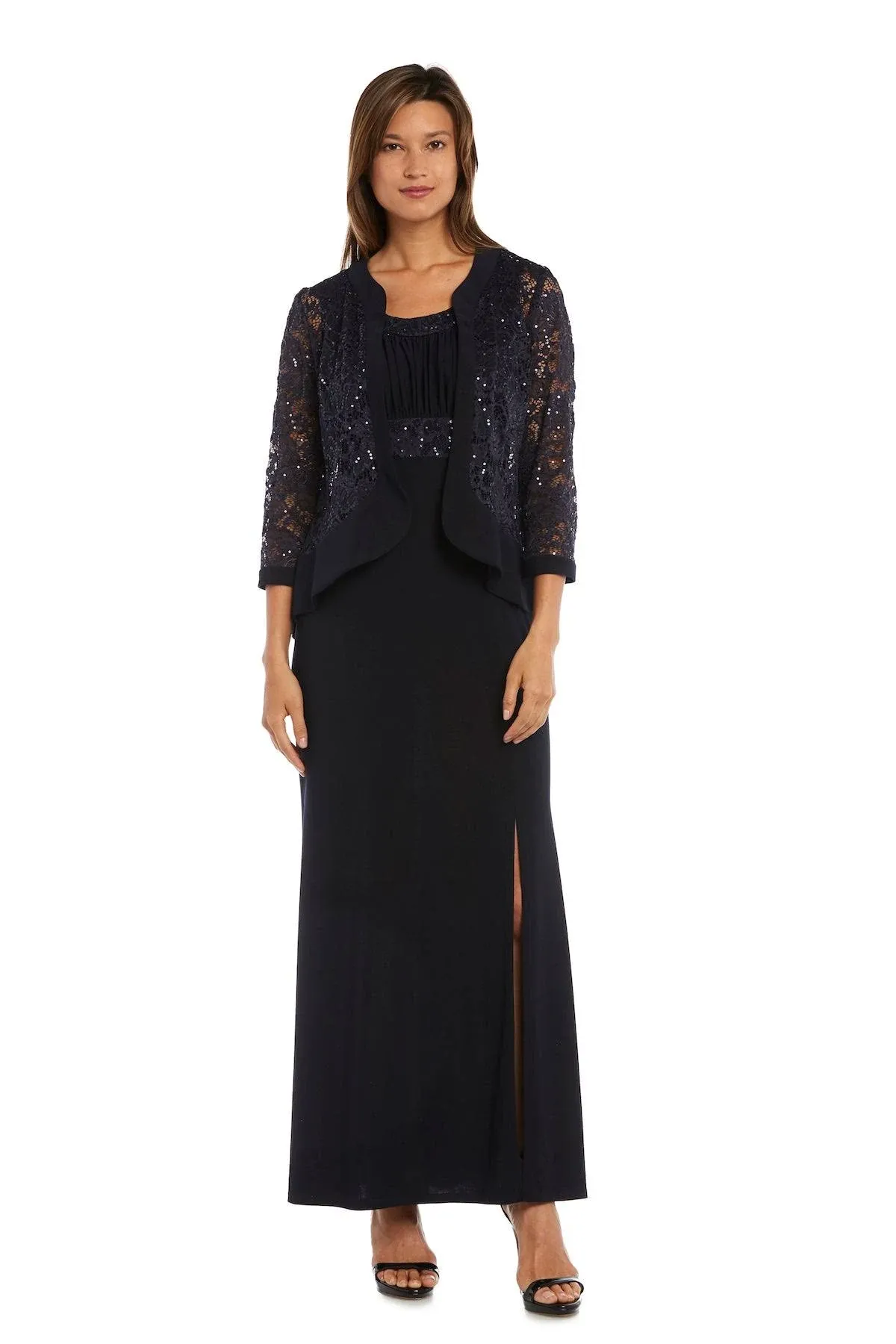 R&amp;M Richards Women&#39;s 2 Piece Ruffled Lace Jacket Long Dress