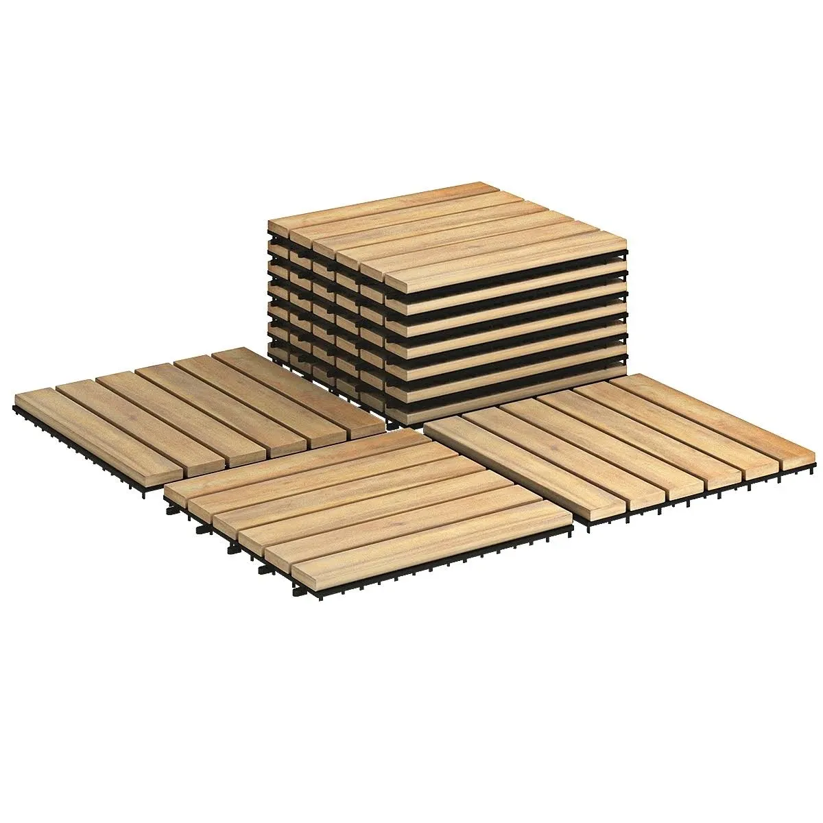 Costway 10 Pcs 12" x 12" Acacia Wood Interlocking Stripe Deck Tiles