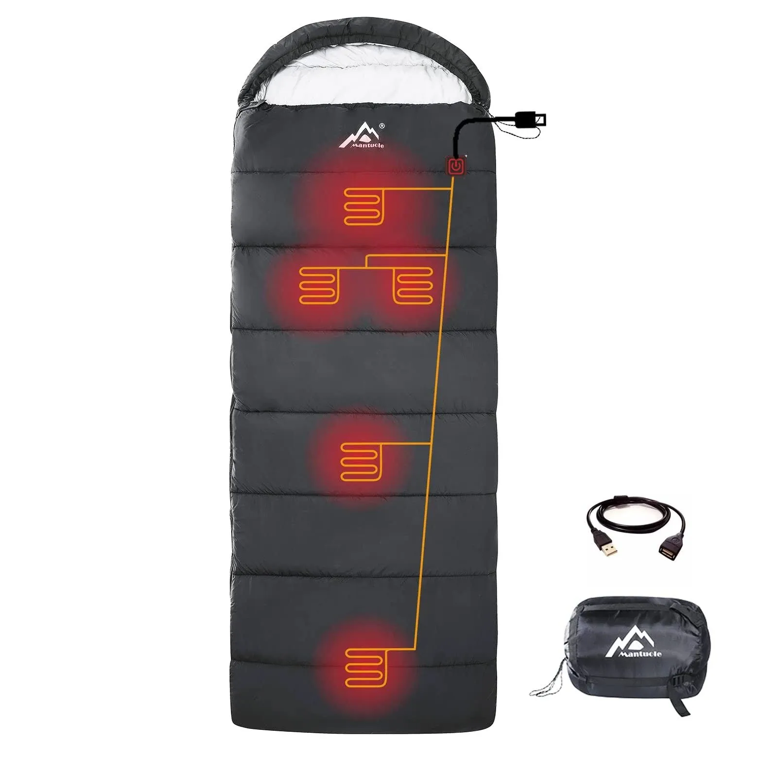 Heated Sleeping Bag 5pcs Multi USB Power Support Heating Pads,Operated with Battery Power Bank or Other USB Power Supplies, Portable Compact Bag, Envelope Style.