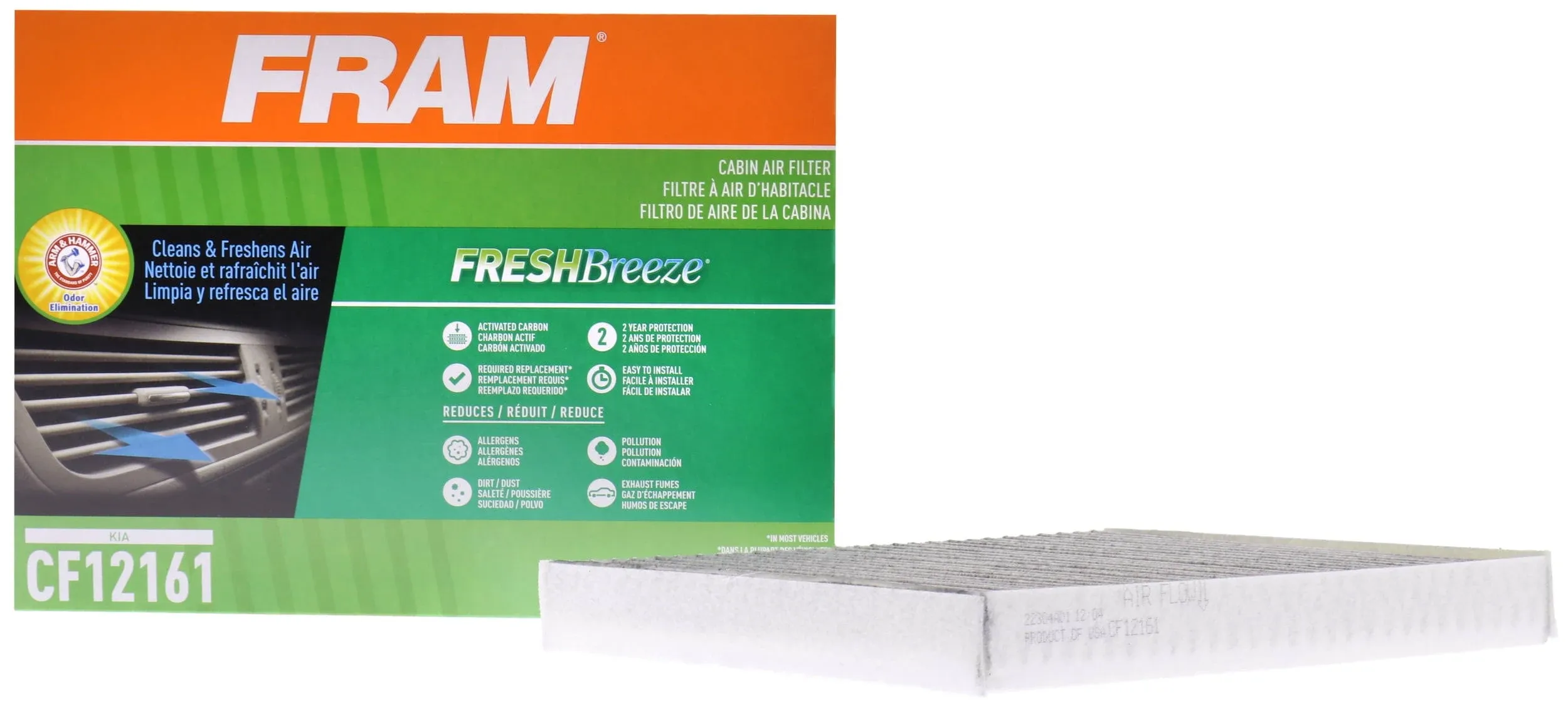 Fram Fresh Breeze Cabin Air Filter CF12161 with Arm & Hammer Baking Soda, for Select Kia Vehicles