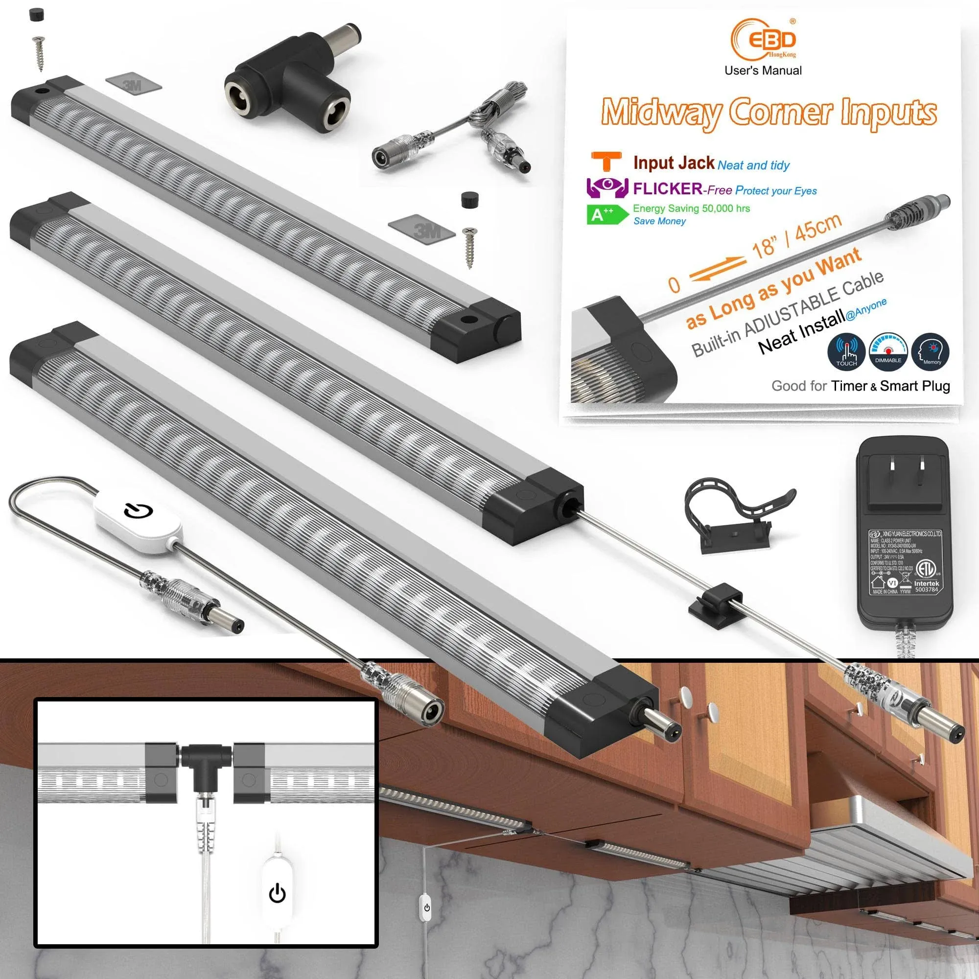 EBD LED Under Cabinet Lights Hardwired Built-in Adjustable Cable Midway Input Under Counter Lights for Kitchen Sink Light 3 Pcs 1350 Lm 6500K Super-Bright for Closet Shelves Shelf Locker & Bookcase