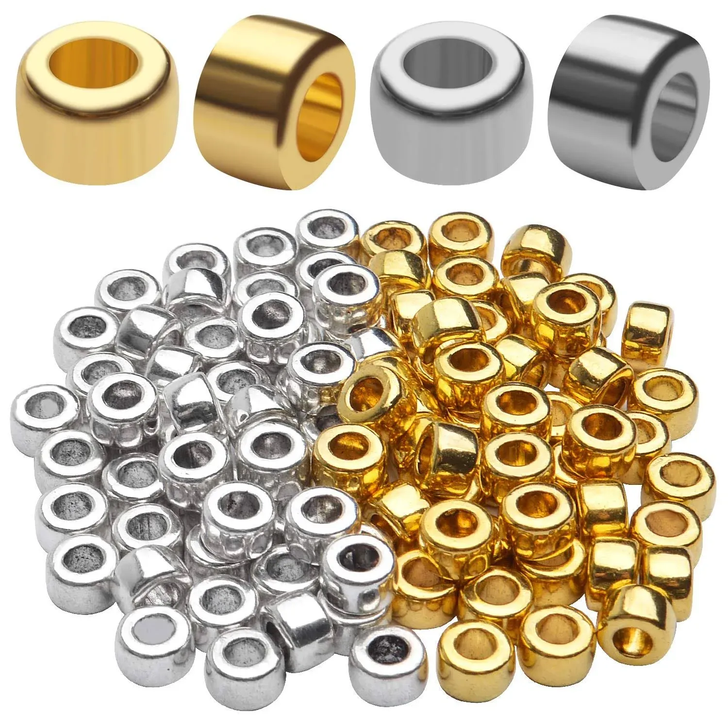 Aylifu Large Hole Spacer Beads, 100pcs 6.2mm Round Spacer Beads Smooth Metal ...