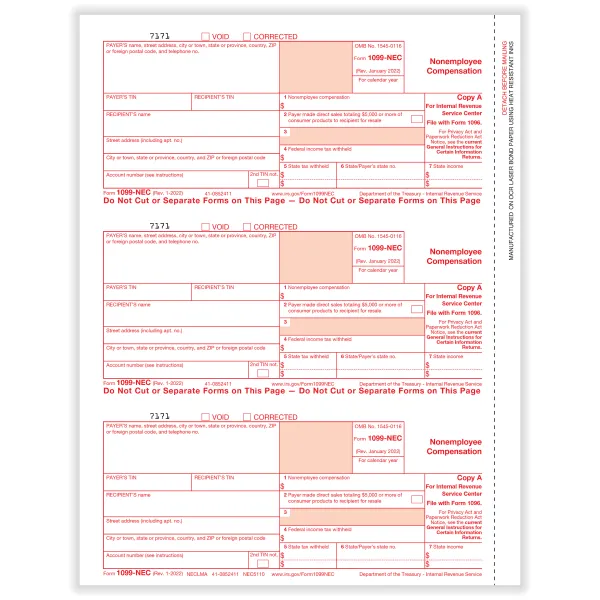 2024 IRS Approved Tax Form 1099 NEC Federal 3-Up Copy A, IRS Approved Filing Tax Forms, 1099 Tax Forms for Filing, 150/Pack End of Year 1099-NEC Forms