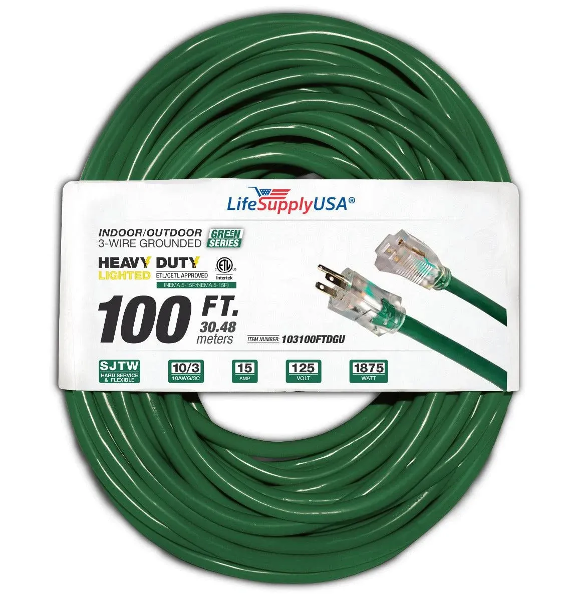 100ft Power Outdoor Extension Cord & Indoor - Waterproof Electric Drop Cord Cable - 3 Prong SJTW, 10 Gauge, 15 AMP, 125 Volts, 1875 Watts, 10/3 ETL Listed, by LifeSupplyUSA - Green (1 Pack)