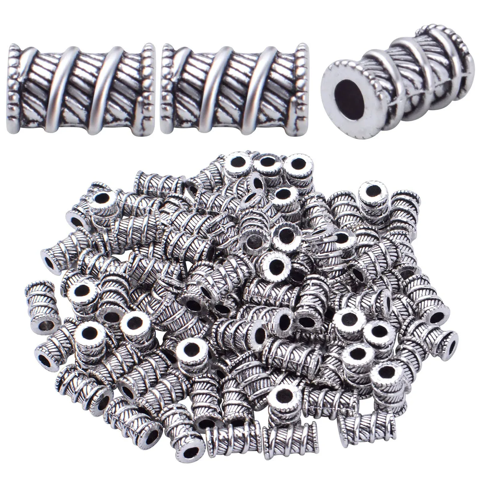 BronaGrand 100pcs Antique Silver Column Spacer Beads Alloy Tibetan Beads Tube Bead Spacers Loose Beads Spacer Charm Beads for DIY Jewelry Making Accessory