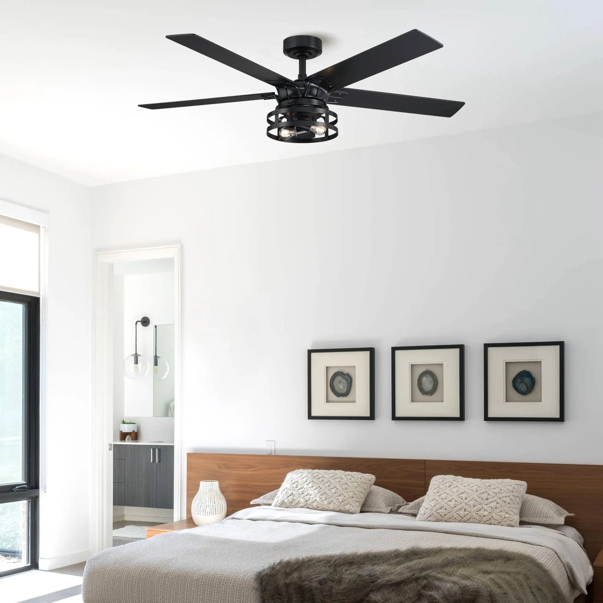 Parrot Uncle 52 inch Industrial Reversible 5-Blade LED Ceiling Fan with Remote Matte Black with Walnut/Black N/A Matte